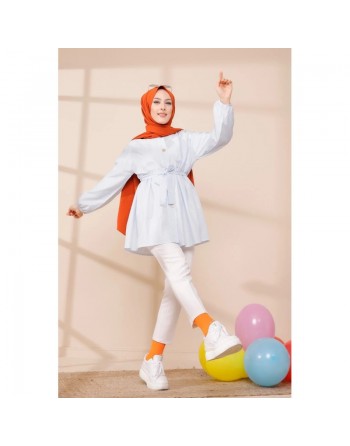 Tunique à rayures avec ceinture pour femme (Boutique Hijab en ligne - France) - Couleur bleu ciel 