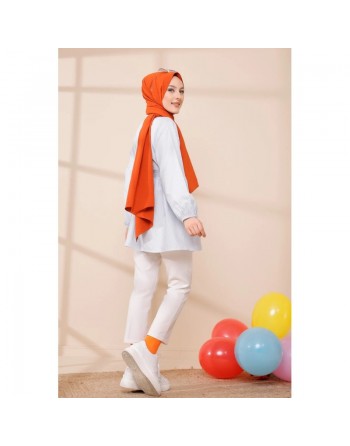 Tunique à rayures avec ceinture pour femme (Boutique Hijab en ligne - France) - Couleur bleu ciel 