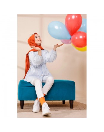 Tunique à rayures avec ceinture pour femme (Boutique Hijab en ligne - France) - Couleur bleu ciel 