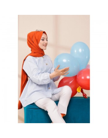 Tunique à rayures avec ceinture pour femme (Boutique Hijab en ligne - France) - Couleur bleu ciel 