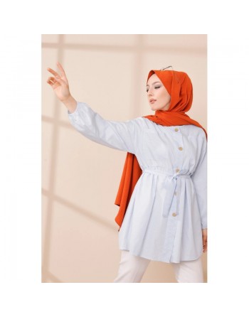 Tunique à rayures avec ceinture pour femme (Boutique Hijab en ligne - France) - Couleur bleu ciel 