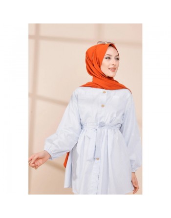 Tunique à rayures avec ceinture pour femme (Boutique Hijab en ligne - France) - Couleur bleu ciel 