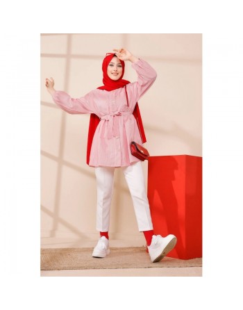 Tunique à rayures avec ceinture pour femme (Boutique Hijab livraison en France) - Couleur rouge 