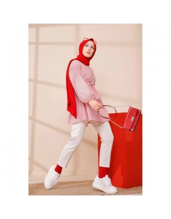 Tunique à rayures avec ceinture pour femme (Boutique Hijab livraison en France) - Couleur rouge 