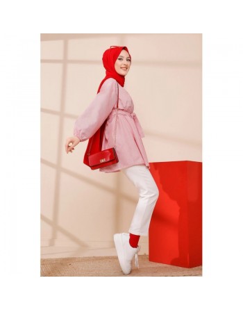 Tunique à rayures avec ceinture pour femme (Boutique Hijab livraison en France) - Couleur rouge 