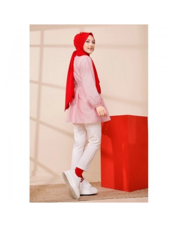 Tunique à rayures avec ceinture pour femme (Boutique Hijab livraison en France) - Couleur rouge 