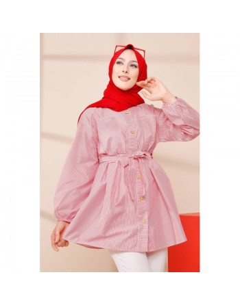 Tunique à rayures avec ceinture pour femme (Boutique Hijab livraison en France) - Couleur rouge 
