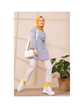 Tunique à rayures avec ceinture pour femme (Modest Fashion & Hijab) - Couleur bleu clair 