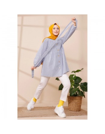 Tunique à rayures avec ceinture pour femme (Modest Fashion & Hijab) - Couleur bleu clair 