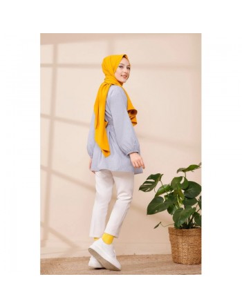 Tunique à rayures avec ceinture pour femme (Modest Fashion & Hijab) - Couleur bleu clair 