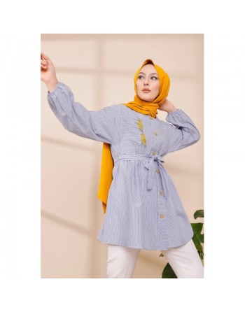 Tunique à rayures avec ceinture pour femme (Modest Fashion & Hijab) - Couleur bleu clair 