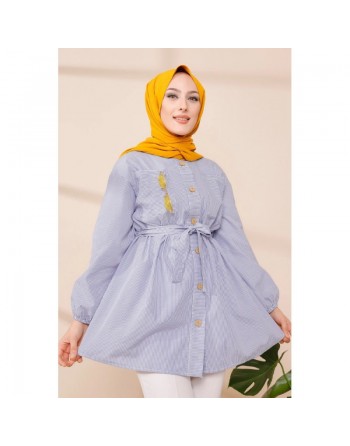 Tunique à rayures avec ceinture pour femme (Modest Fashion & Hijab) - Couleur bleu clair 