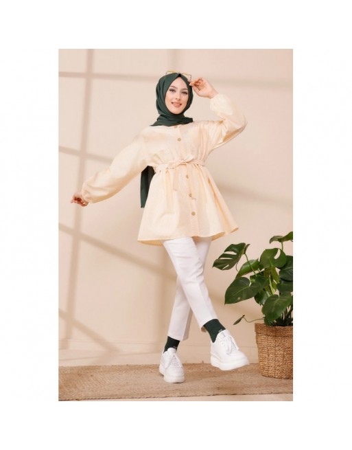 Tunique à rayures avec ceinture pour femme (Boutique Hijeb livraison en France) - Couleur jaune Tunique à rayures avec ceinture pour femme (Boutique Hijeb livraison en France) - Couleur jaune