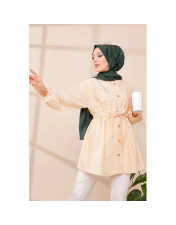 Tunique à rayures avec ceinture pour femme (Boutique Hijeb livraison en France) - Couleur jaune 