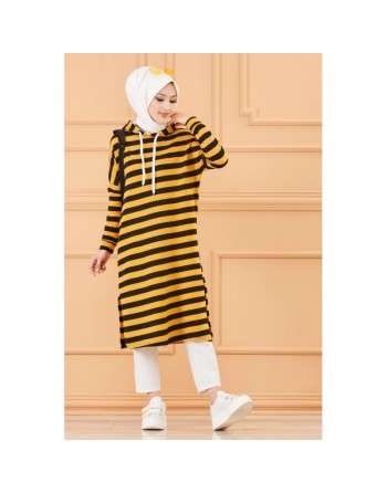 Tunique longue à rayures avec capuche (Tenue décontractée et sport pour hijab) - Couleur moutarde 