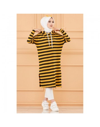 Tunique longue à rayures avec capuche (Tenue décontractée et sport pour hijab) - Couleur moutarde 