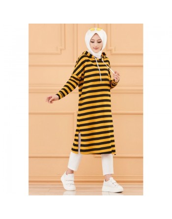 Tunique longue à rayures avec capuche (Tenue décontractée et sport pour hijab) - Couleur moutarde 