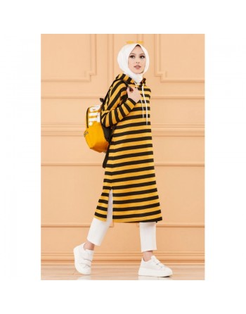 Tunique longue à rayures avec capuche (Tenue décontractée et sport pour hijab) - Couleur moutarde 