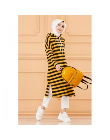 Tunique longue à rayures avec capuche (Tenue décontractée et sport pour hijab) - Couleur moutarde 