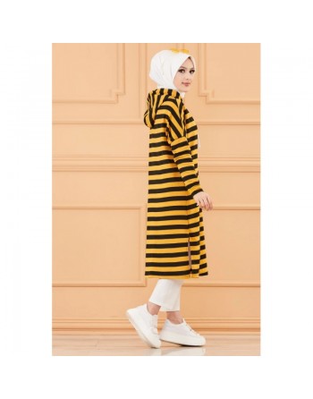 Tunique longue à rayures avec capuche (Tenue décontractée et sport pour hijab) - Couleur moutarde 
