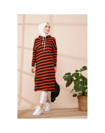 Tunique longue à rayures avec capuche (Vêtement décontracté et sport pour hijab) - Couleur brique 