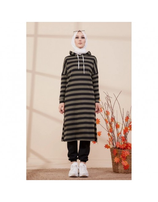 Tunique longue à rayures avec capuche (Vêtement moderne et sport pour hijab) - Couleur vert kaki 