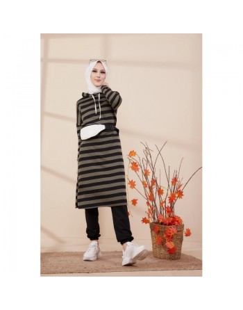 Tunique longue à rayures avec capuche (Vêtement moderne et sport pour hijab) - Couleur vert kaki 