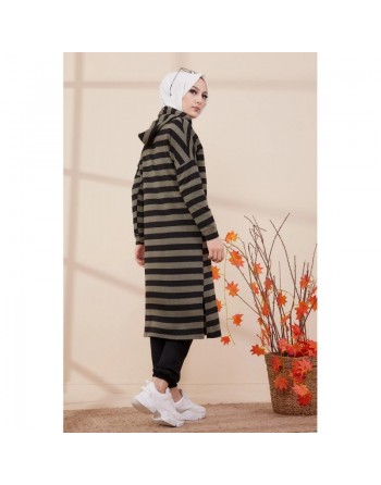 Tunique longue à rayures avec capuche (Vêtement moderne et sport pour hijab) - Couleur vert kaki 