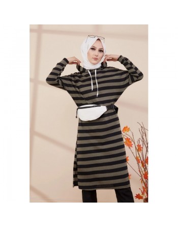 Tunique longue à rayures avec capuche (Vêtement moderne et sport pour hijab) - Couleur vert kaki 