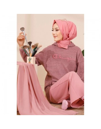Sweat femme avec capuche brodé "Champion" (Vêtements Automne-Hiver) - Couleur saumon 