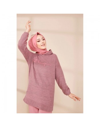 Sweat femme avec capuche brodé "Champion" (Vêtements Automne-Hiver) - Couleur saumon 