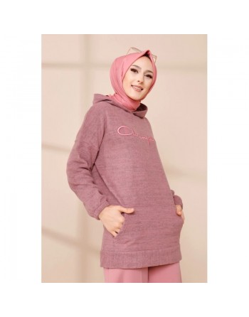 Sweat femme avec capuche brodé "Champion" (Vêtements Automne-Hiver) - Couleur saumon 