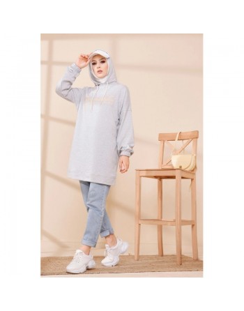 Tunique à capuche ample pour femme (Style Sweat-Shirt décontracté) - Couleur gris clair 