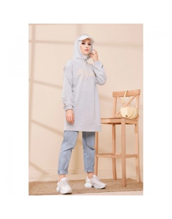 Tunique à capuche ample pour femme (Style Sweat-Shirt décontracté) - Couleur gris clair 