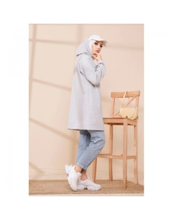 Tunique à capuche ample pour femme (Style Sweat-Shirt décontracté) - Couleur gris clair 