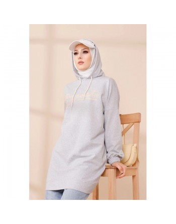 Tunique à capuche ample pour femme (Style Sweat-Shirt décontracté) - Couleur gris clair 