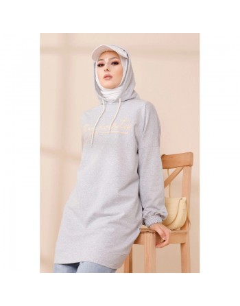 Tunique à capuche ample pour femme (Style Sweat-Shirt décontracté) - Couleur gris clair 