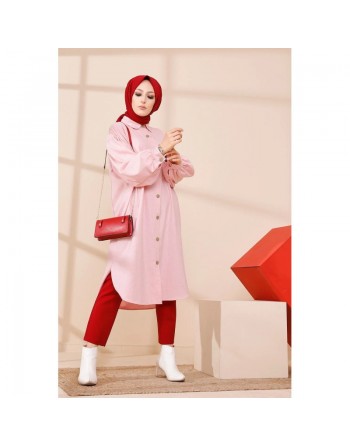 Chemise longue et ample pour femme (Vetement hijab tendance) - Couleur rose poudré 