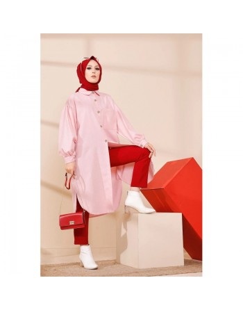 Chemise longue et ample pour femme (Vetement hijab tendance) - Couleur rose poudré 