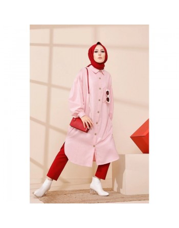 Chemise longue et ample pour femme (Vetement hijab tendance) - Couleur rose poudré 