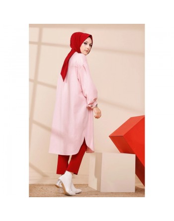 Chemise longue et ample pour femme (Vetement hijab tendance) - Couleur rose poudré 