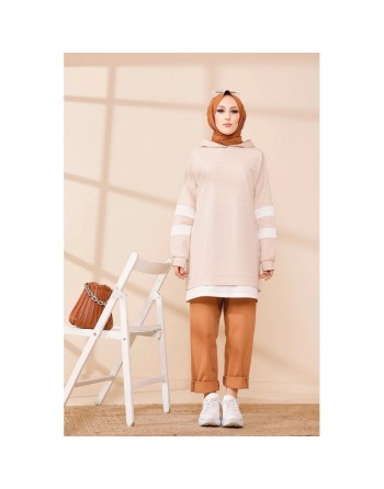 Tunique décontractée avec capuche (Sweat long pour hijab) - Couleur beige avec bandes blanches 