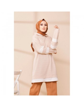 Tunique décontractée avec capuche (Sweat long pour hijab) - Couleur beige avec bandes blanches 