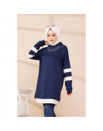 Tunique décontractée avec capuche (Sweat long pour femme voilée) - Couleur bleu marine avec bandes blanches 