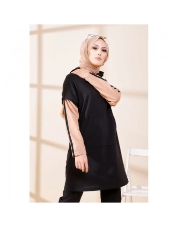 Tunique moderne bicolore avec capuche pour femme - Couleur noir et beige 