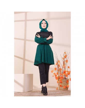 Tunique bicolore pour femme (Vêtement Hijab & Modest Fashion) - Couleur noir et vert émeraude 