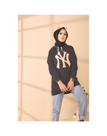 Tunique Sweat-shirt à capuche pour femme imprimé NY avec rayures - Couleur noir 