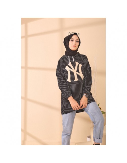 Tunique Sweat-shirt à capuche pour femme imprimé NY avec rayures - Couleur noir Tunique Sweat-shirt à capuche pour femme imprimé NY avec rayures - Couleur noir