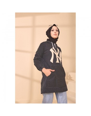 Tunique Sweat-shirt à capuche pour femme imprimé NY avec rayures - Couleur noir 