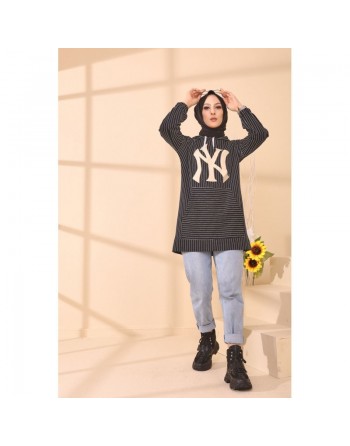 Tunique Sweat-shirt à capuche pour femme imprimé NY avec rayures - Couleur noir 